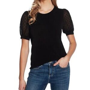 CeCe Black Top with Sheer Puff Sleeves
